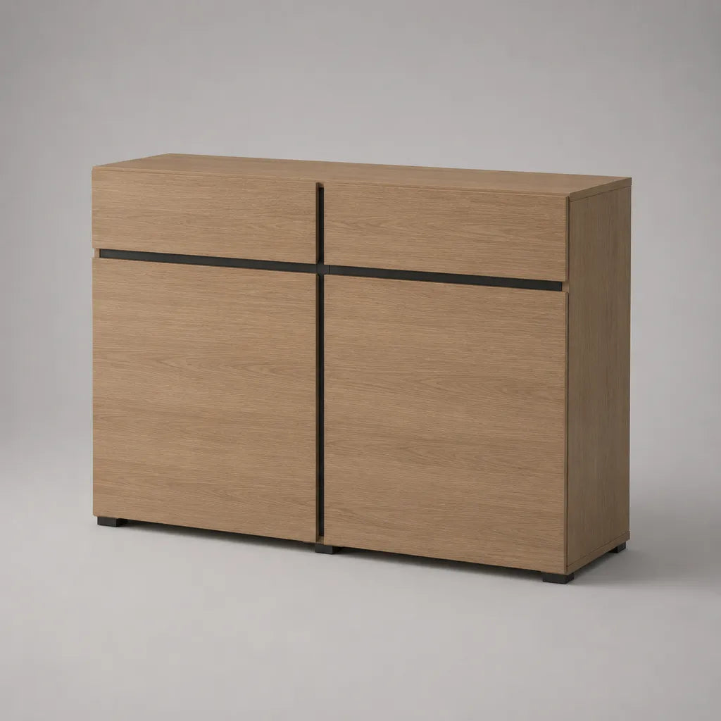 Buffet en panneaux de particules à 2 portes et 2 tiroirs, chêne naturel et noir, 120 × 40 × 85 cm