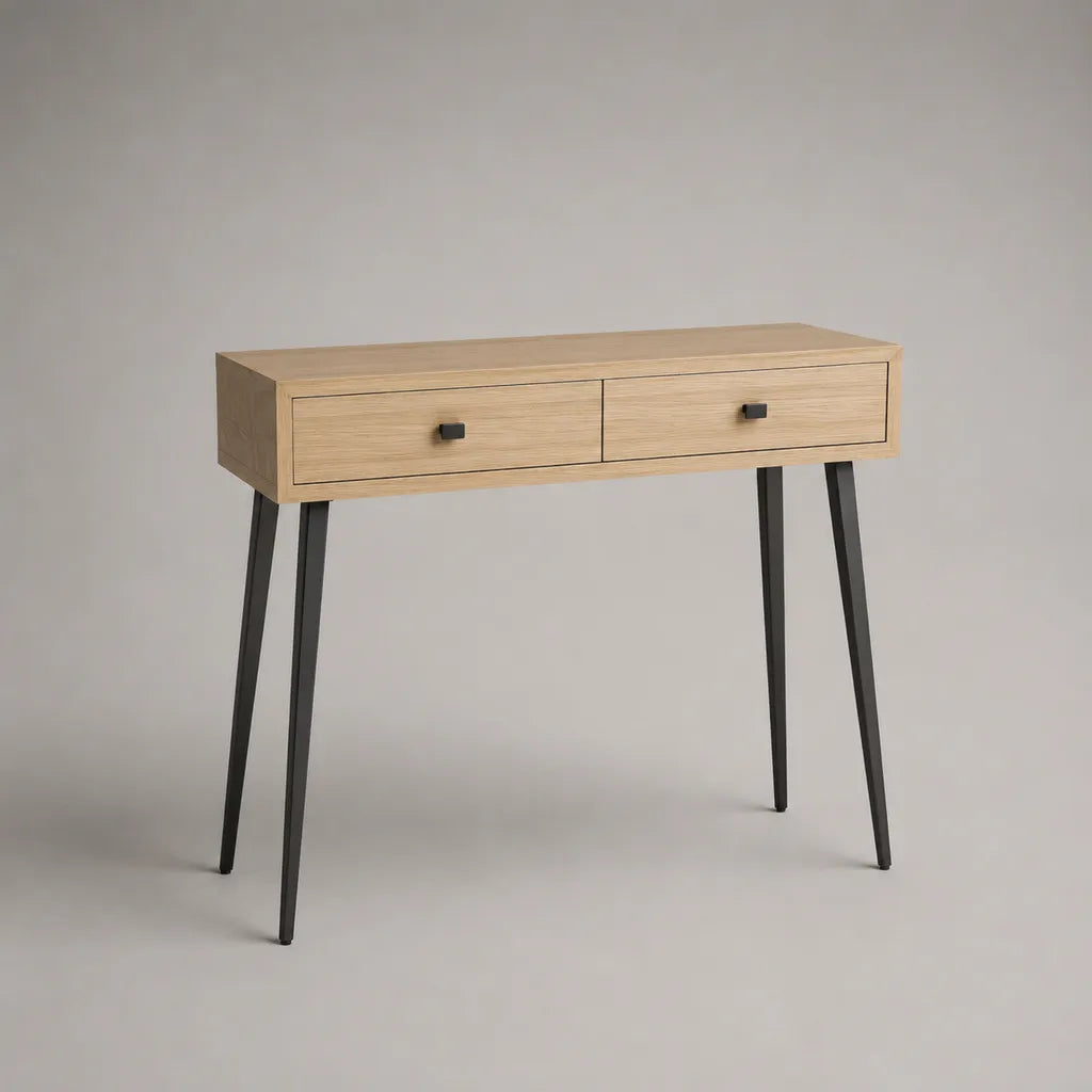Console rectangulaire à 2 tiroirs en MDF plaqué chêne et acier noir, 100 × 35 × 80 cm