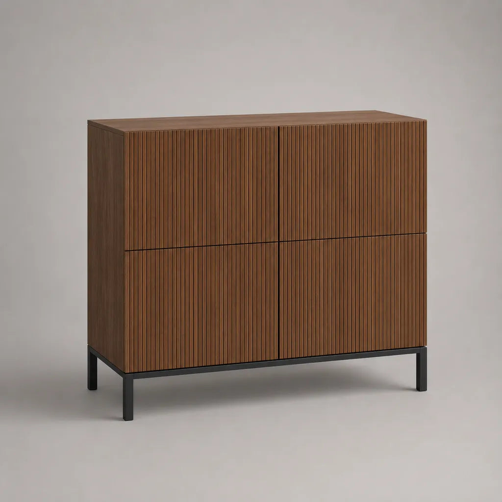 Buffet haut rectangulaire 4 portes en MDF plaqué noyer et acier noir, 120 × 40 × 120 cm
