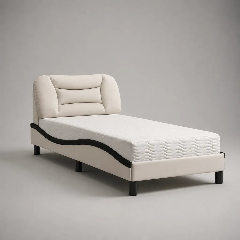Lit simple rembourré en polyester beige et noir avec sommier à lattes, couchage 90 × 200 cm, dimensions 208 × 98 × 108 cm