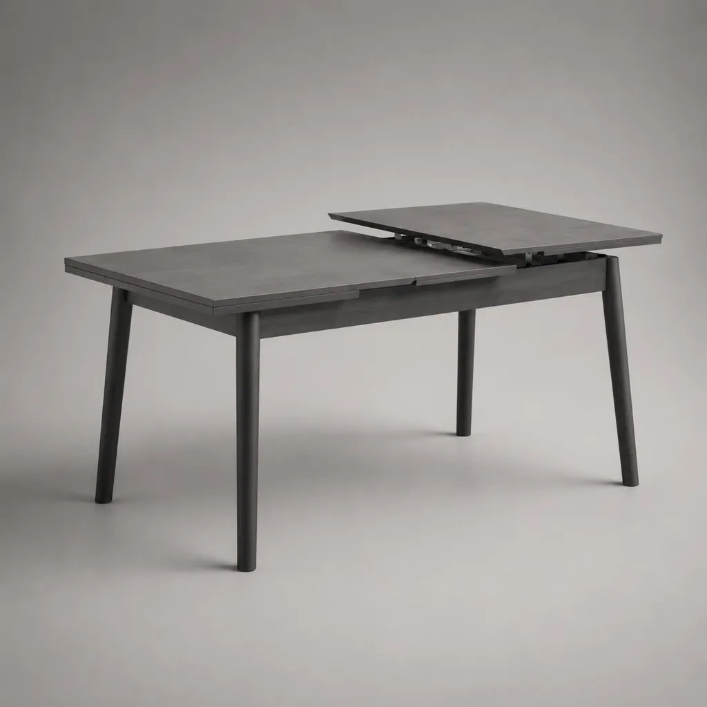 Table à manger rectangulaire extensible en céramique et verre avec piètement en acier gris, 140-180 × 80 × 76 cm