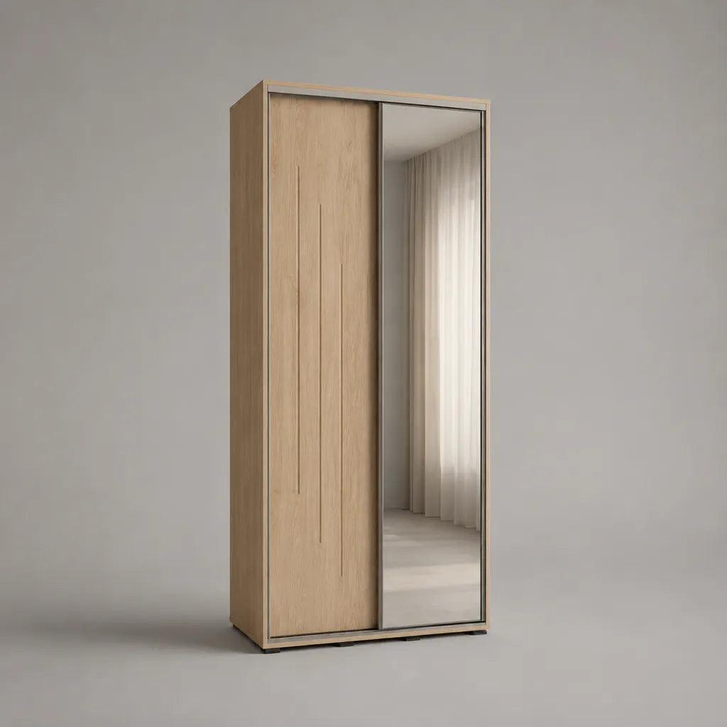 Armoire en panneaux de particules à 2 portes coulissantes dont 1 avec miroir, chêne clair et argenté, 100 × 60 × 220 cm