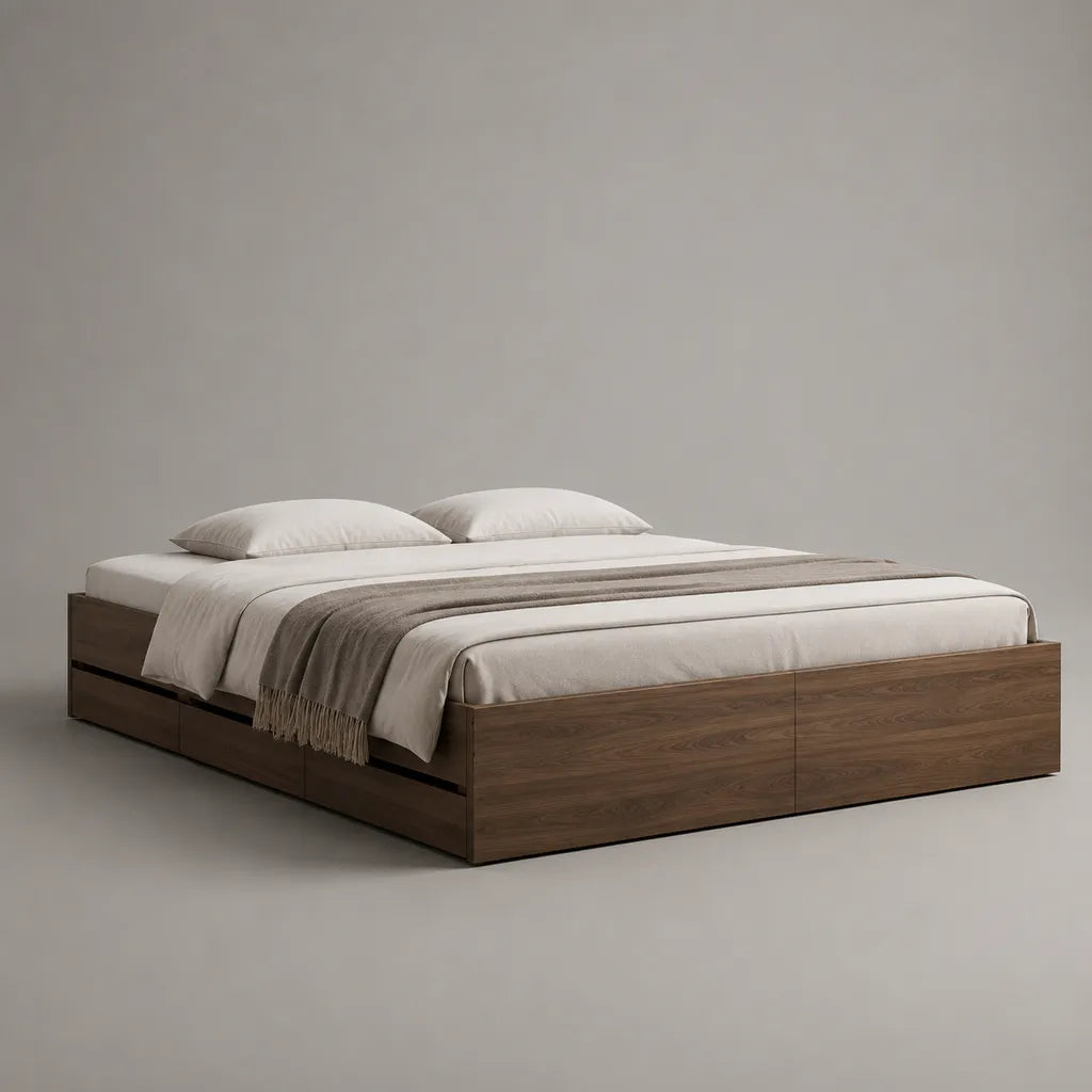 Lit double en bois avec sommier à lattes et 4 tiroirs, brun noyer, couchage 160 × 200 cm, dimensions 208 × 168 × 45 cm
