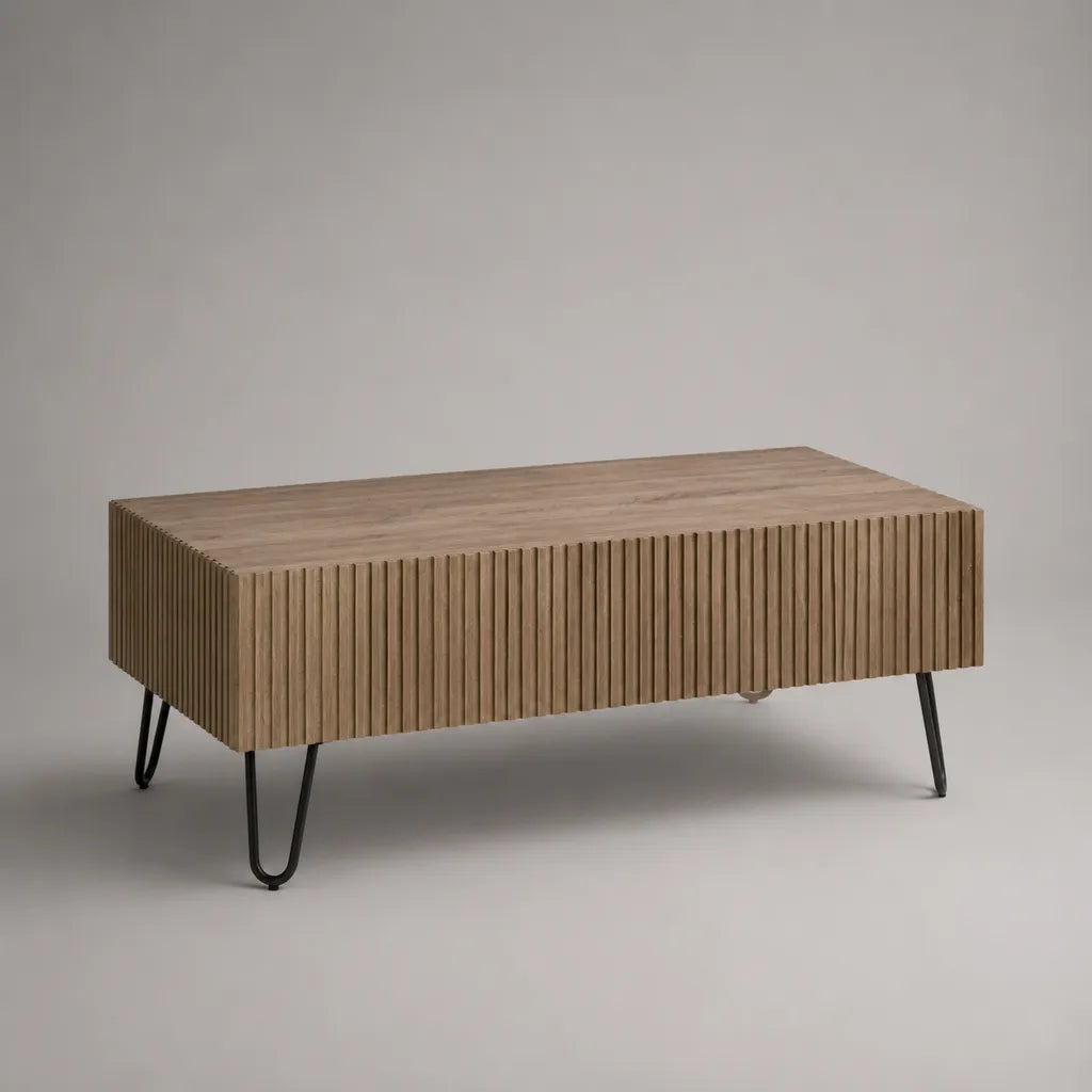 Table basse rectangulaire en bois et métal avec tiroir, chêne naturel et noir, 100 × 50 × 45 cm