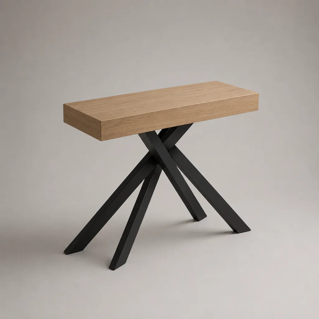 Table console rectangulaire en bois et acier noir, 100 × 35 × 80 cm, chêne naturel et noir