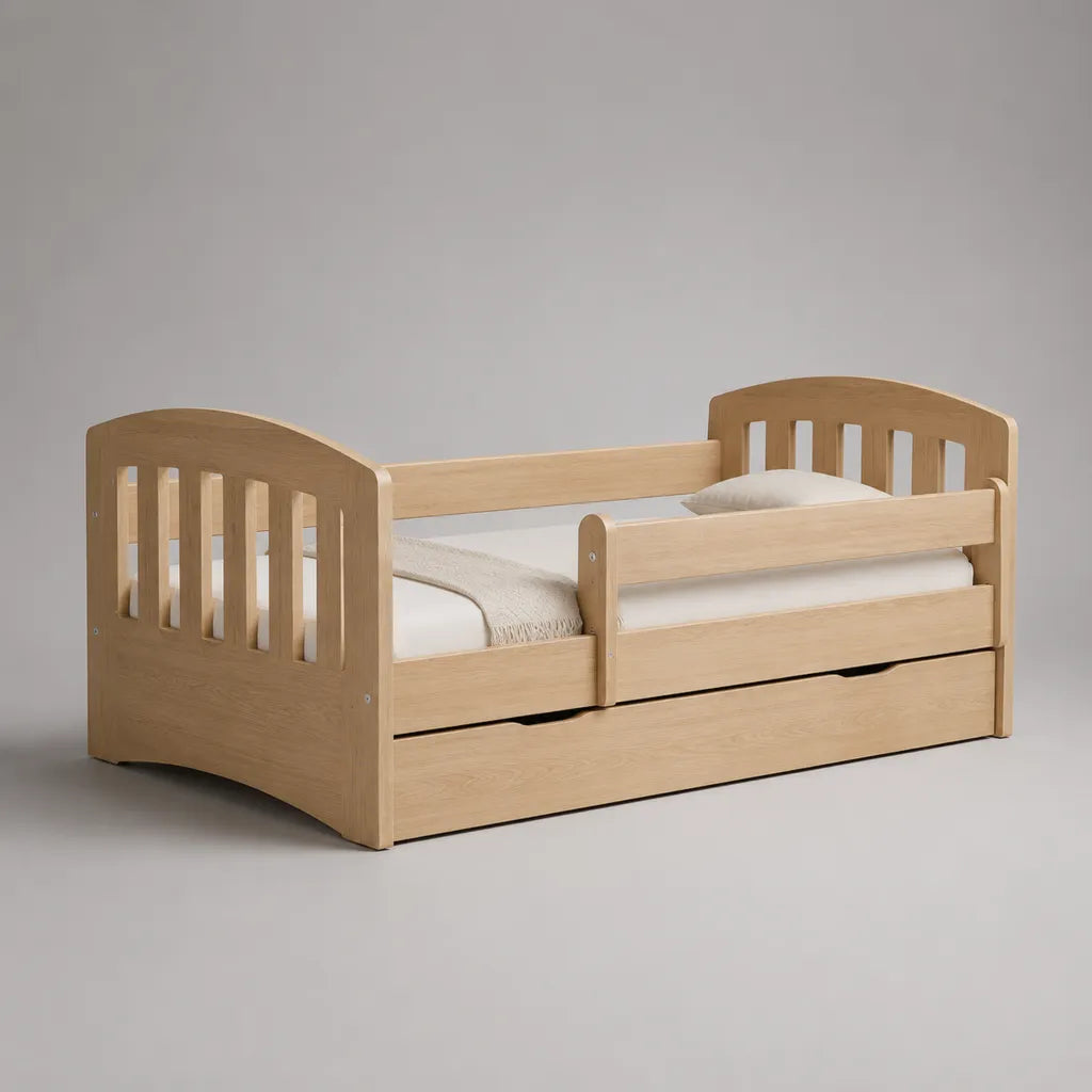 Lit enfant en MDF avec tiroir et barrières de sécurité, chêne naturel, couchage 70 × 140 cm, dimensions 145 × 76 × 72 cm