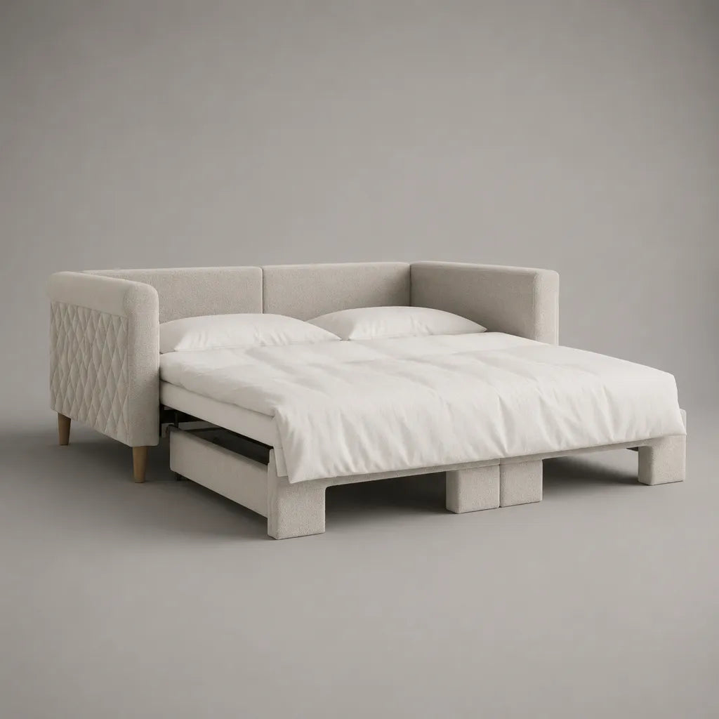 Canapé-lit convertible 2 places en tissu blanc cassé 190 × 95 × 85 cm, couchage 140 × 190 cm