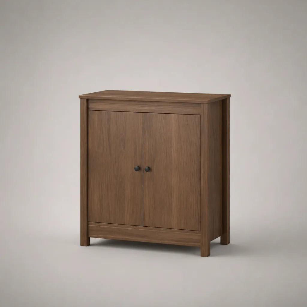 Buffet de rangement rectangulaire à 2 portes en MDF plaqué chêne et bois massif, marron noyer, 80 × 40 × 90 cm