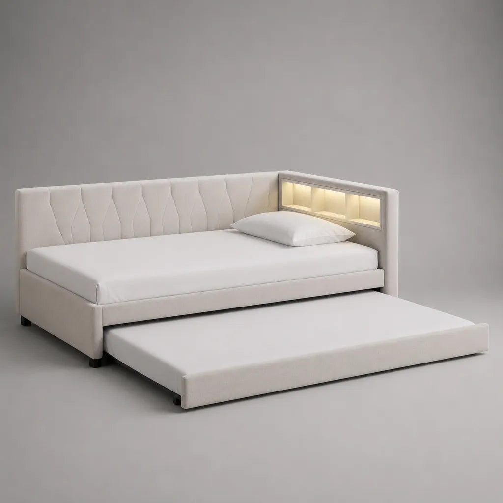 Canapé-lit gigogne 2 couchages en tissu blanc cassé 211 × 99 × 91 cm avec éclairage LED