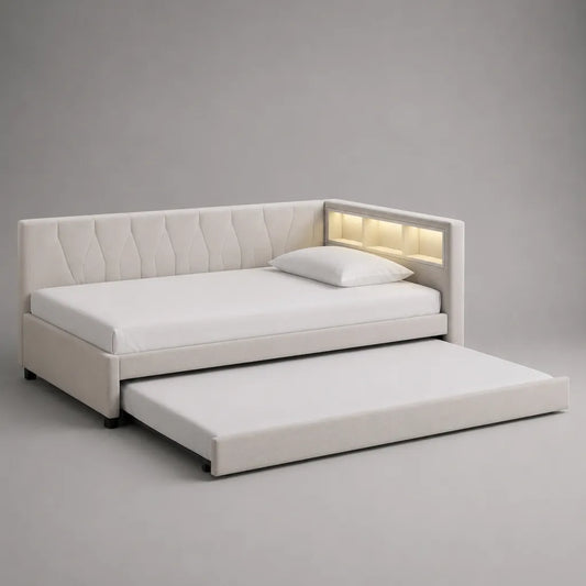 Canapé-lit gigogne 2 couchages en tissu blanc cassé 211 × 99 × 91 cm avec éclairage LED