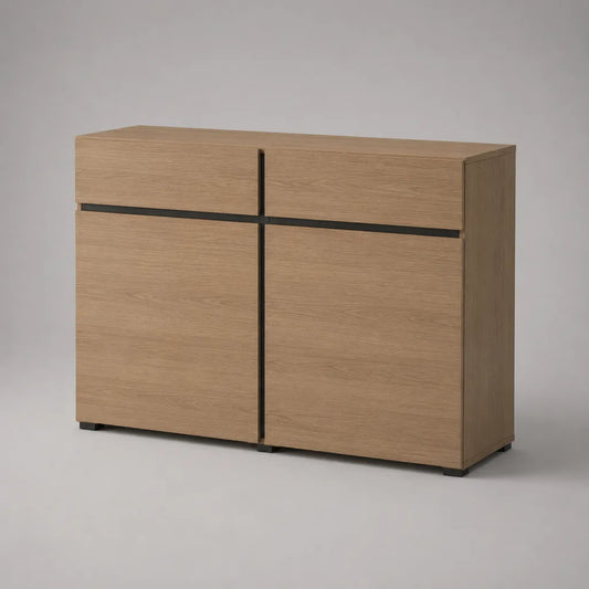 Buffet en panneaux de particules à 2 portes et 2 tiroirs, chêne naturel et noir, 120 × 40 × 85 cm