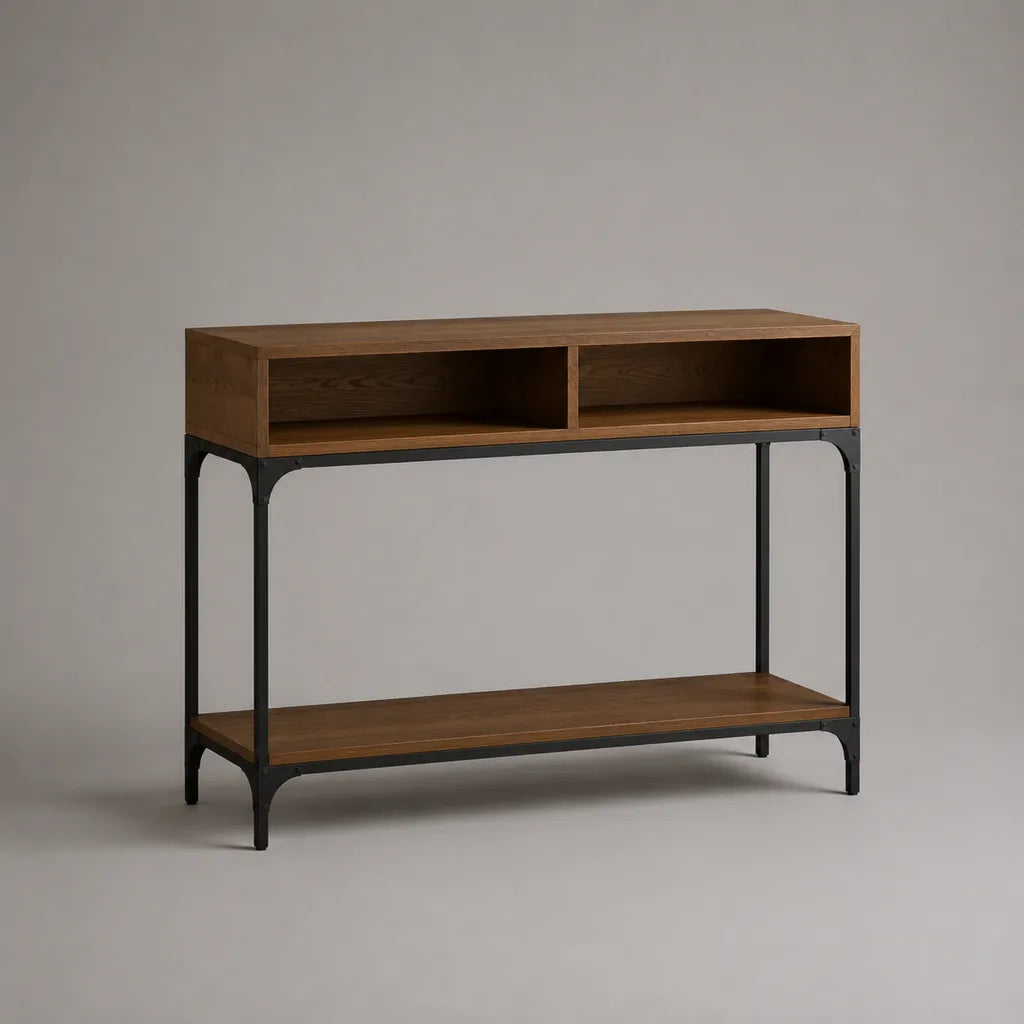 Console d’entrée en MDF plaqué noyer et acier noir avec 2 niches et tablette, 110 × 35 × 90 cm