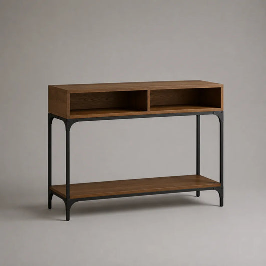 Console d’entrée en MDF plaqué noyer et acier noir avec 2 niches et tablette, 110 × 35 × 90 cm