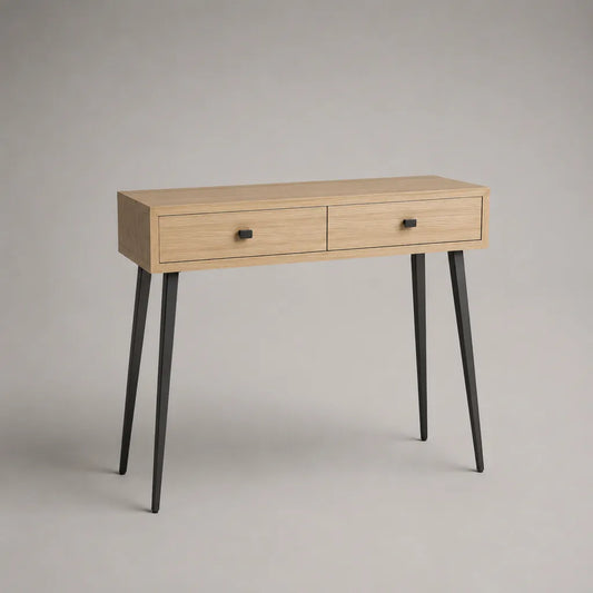 Console rectangulaire à 2 tiroirs en MDF plaqué chêne et acier noir, 100 × 35 × 80 cm