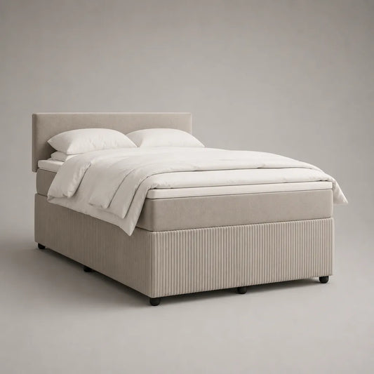 Lit double rembourré en velours beige avec tête de lit, couchage 160 x 200 cm, dimensions 170 x 213 x 110 cm