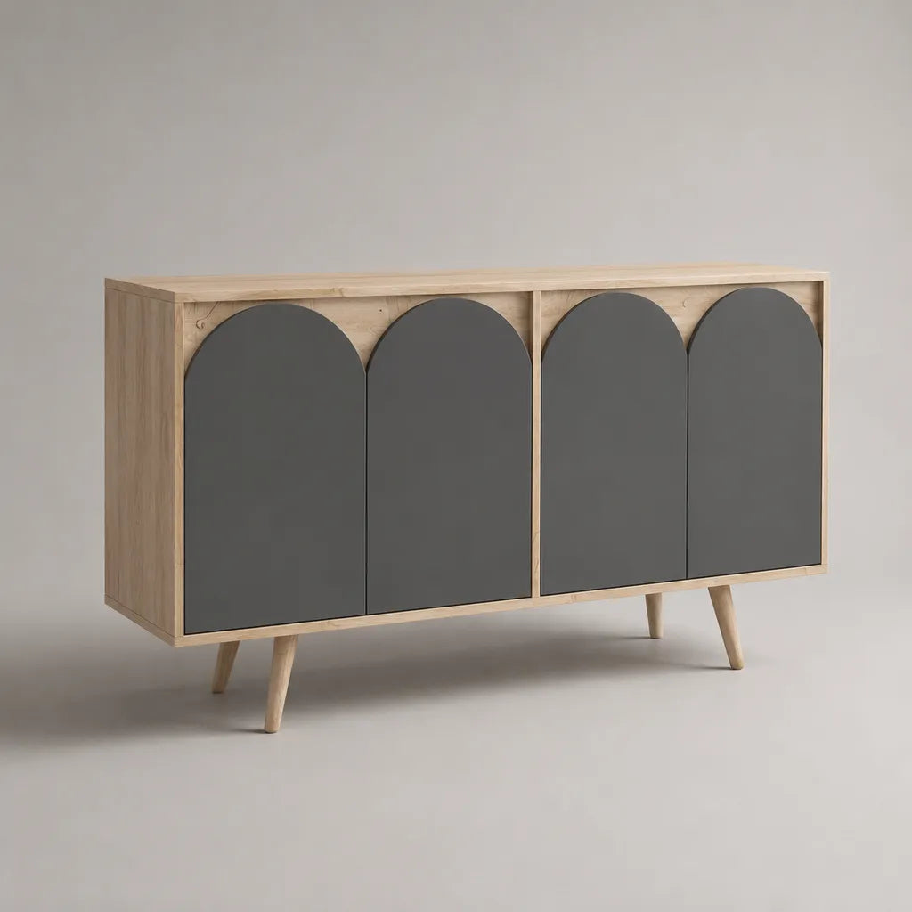 Buffet bas rectangulaire à 4 portes en MDF plaqué chêne, gris anthracite et chêne clair, 140 × 40 × 85 cm
