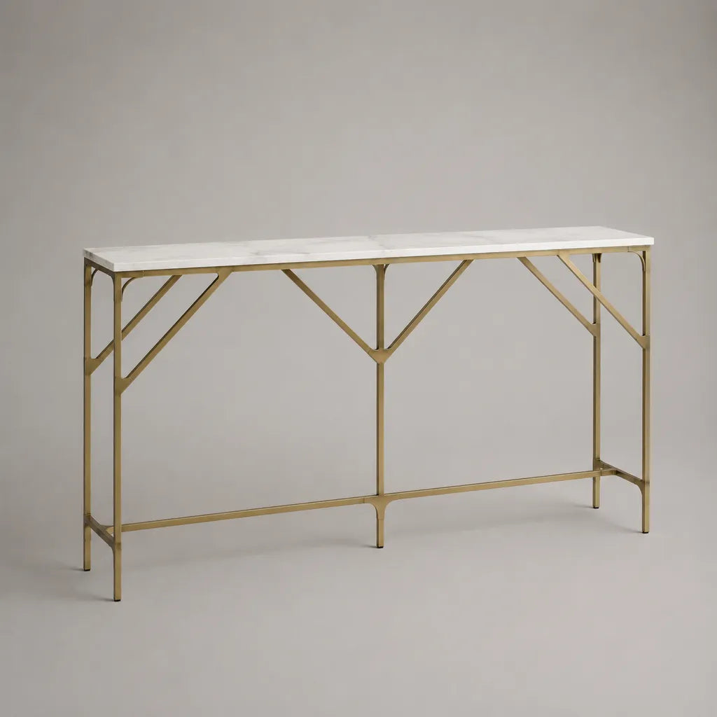 Console rectangulaire en pierre reconstituée et acier, blanc et doré, 140 × 35 × 80 cm
