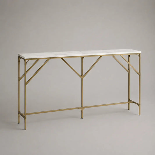 Console rectangulaire en pierre reconstituée et acier, blanc et doré, 140 × 35 × 80 cm