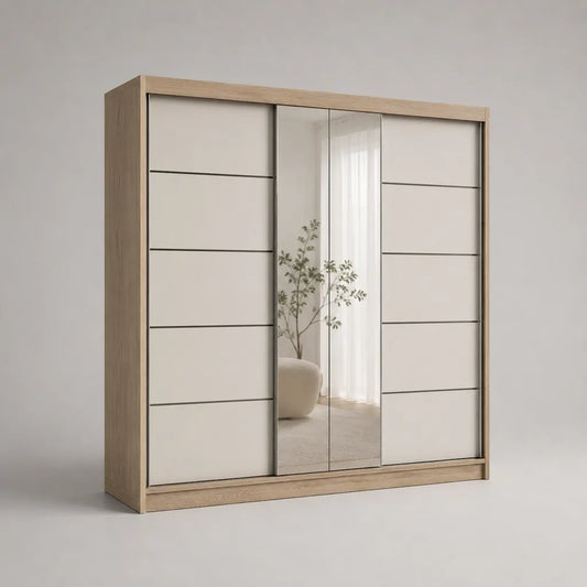 Armoire-penderie rectangulaire à 4 portes coulissantes dont 2 miroirs, panneaux de particules mélaminés, chêne clair et blanc mat, 200 × 60 × 210 cm