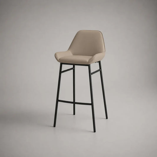 Tabouret de bar en similicuir beige avec dossier et structure en acier noir, 53 × 52 × 102 cm, assise à 75 cm