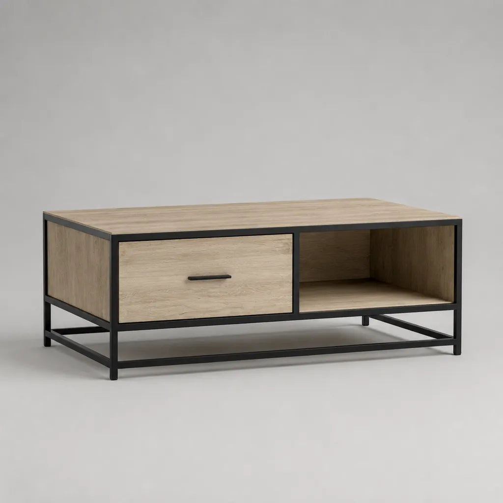 Table basse rectangulaire avec tiroir et niche en MDF mélaminé effet chêne et acier noir, 110 × 55 × 45 cm
