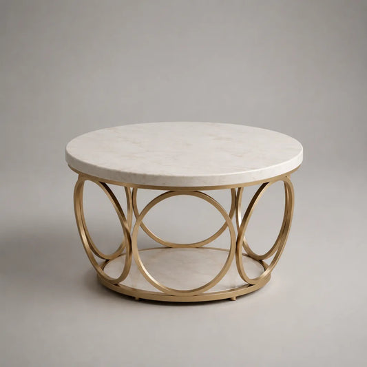 Table basse ronde en bois décor marbre blanc avec étagère et structure en acier doré, 80 × 45 cm