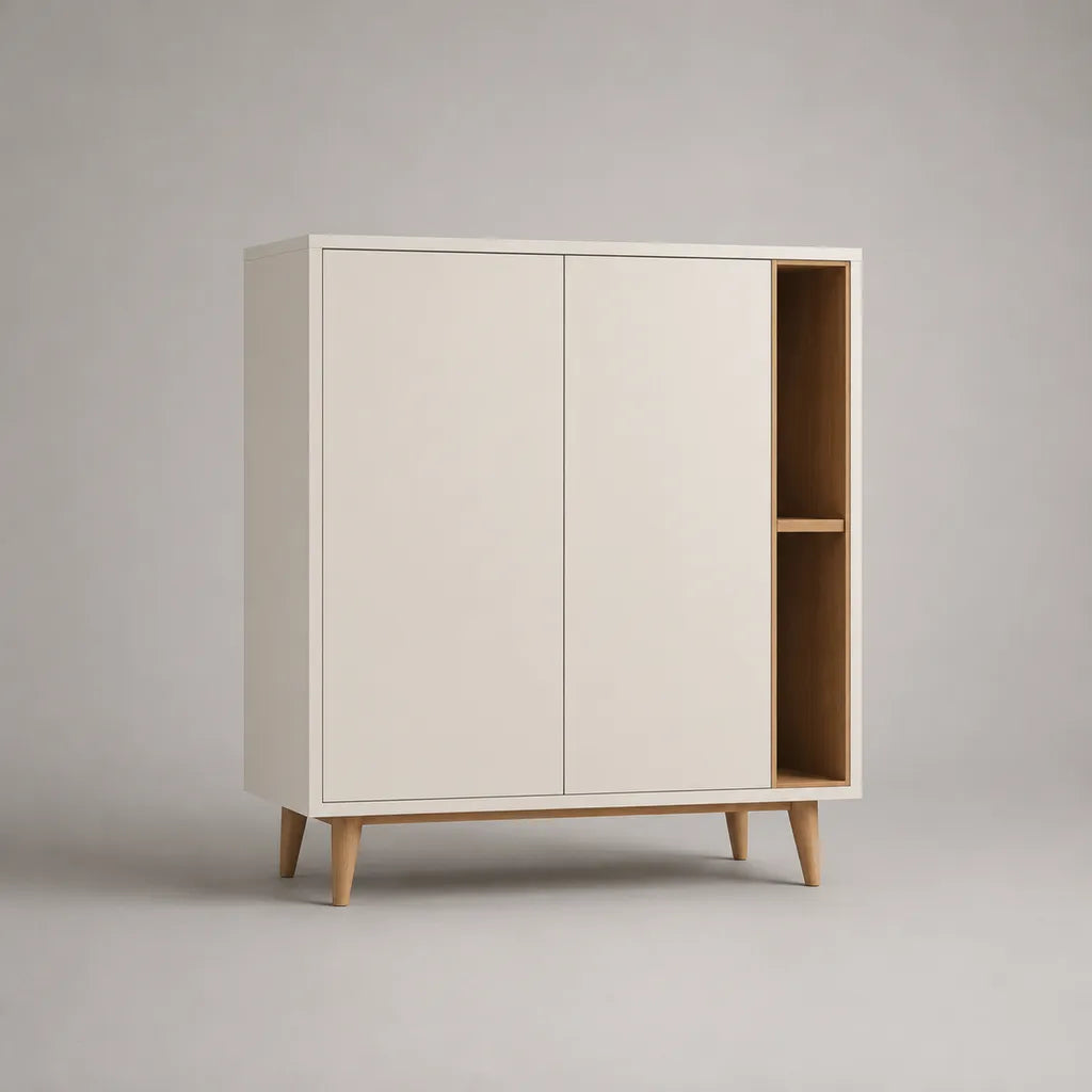 Buffet haut de rangement en MDF et hévéa, 2 portes et niche latérale, blanc cassé et chêne naturel, 100 × 40 × 120 cm
