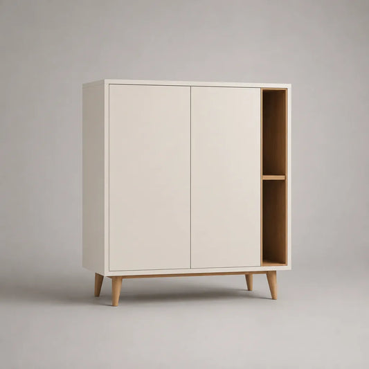 Buffet haut de rangement en MDF et hévéa, 2 portes et niche latérale, blanc cassé et chêne naturel, 100 × 40 × 120 cm