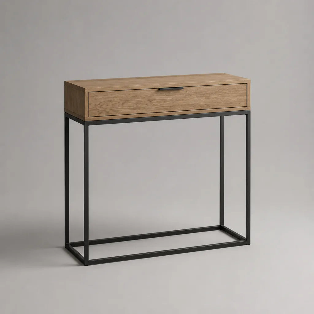 Console d’entrée rectangulaire avec tiroir en MDF plaqué chêne et acier noir, 100 × 35 × 80 cm