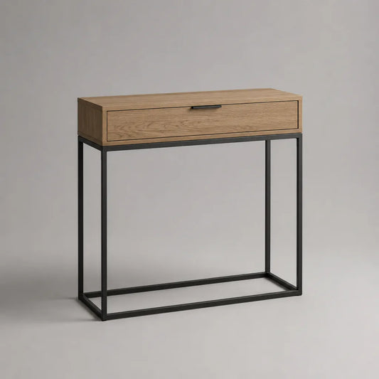 Console d’entrée rectangulaire avec tiroir en MDF plaqué chêne et acier noir, 100 × 35 × 80 cm