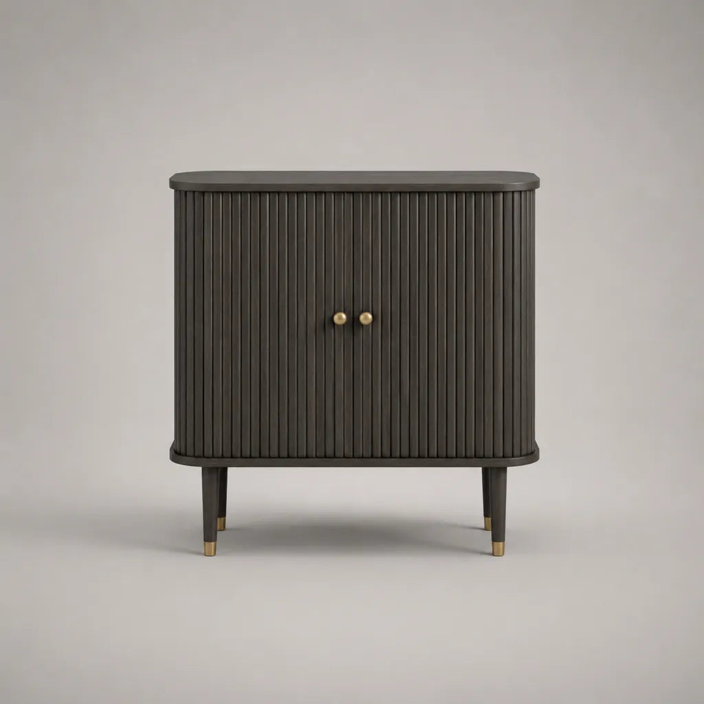 Buffet de rangement à 2 portes en MDF plaqué frêne brun foncé et métal couleur laiton, 90 × 40 × 100 cm