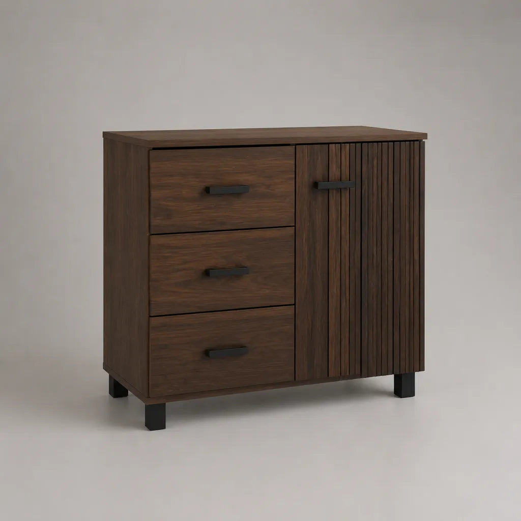 Buffet bas de rangement en bois et métal, brun noyer et noir, 3 tiroirs et 1 porte, 90 × 40 × 90 cm