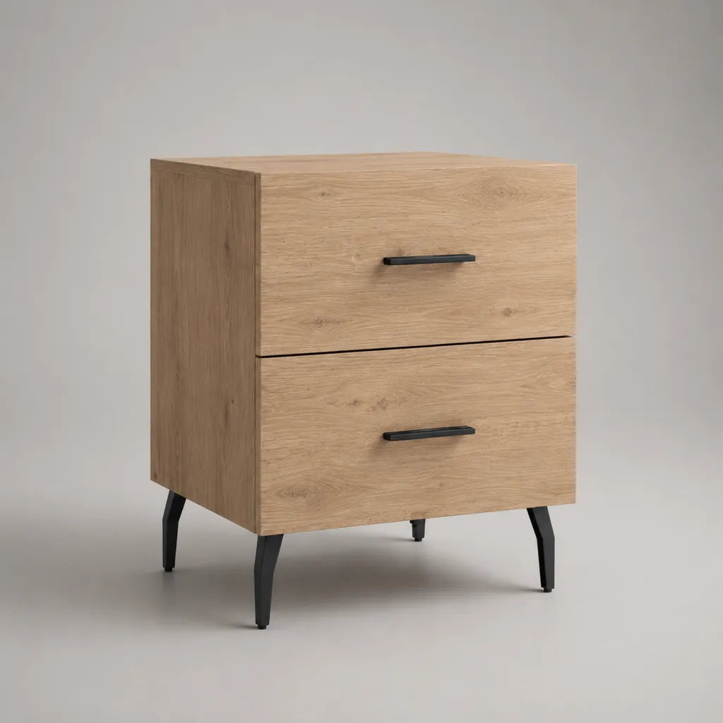 Table de chevet rectangulaire en bois et acier avec 2 tiroirs, chêne clair et noir, 45 × 40 × 60 cm