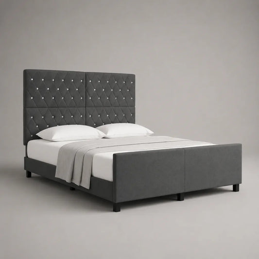 Lit double capitonné en velours polyester gris, couchage 160 × 200 cm, dimensions 170 × 216 × 145 cm, avec tête de lit et sommier à lattes