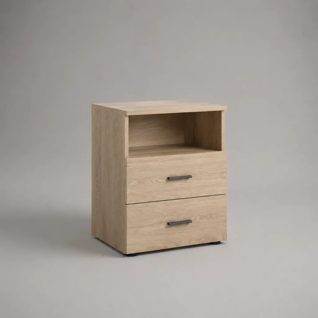 Table de chevet à 2 tiroirs et niche en panneaux de particules mélaminés, chêne clair, 40 × 35 × 60 cm