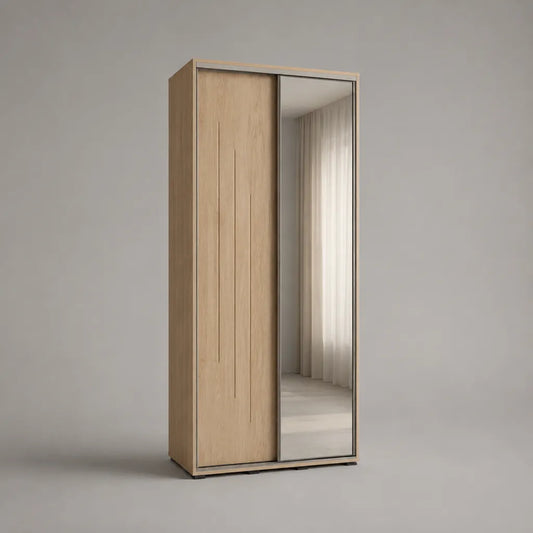 Armoire en panneaux de particules à 2 portes coulissantes dont 1 avec miroir, chêne clair et argenté, 100 × 60 × 220 cm