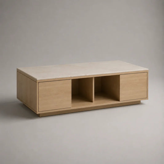 Table basse rectangulaire en MDF plaqué chêne avec plateau en céramique, 2 portes et 2 niches, beige et chêne naturel, 120 × 60 × 40 cm