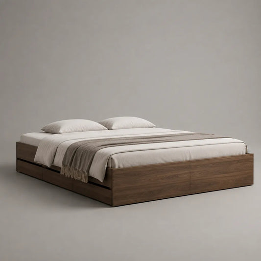 Lit double en bois avec sommier à lattes et 4 tiroirs, brun noyer, couchage 160 × 200 cm, dimensions 208 × 168 × 45 cm