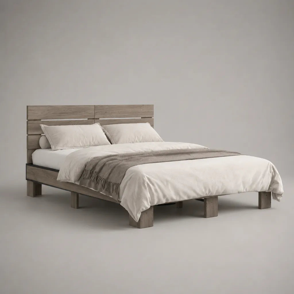 Lit double en bois gris taupe 160 x 200 cm avec sommier à lattes et tête de lit rectangulaire