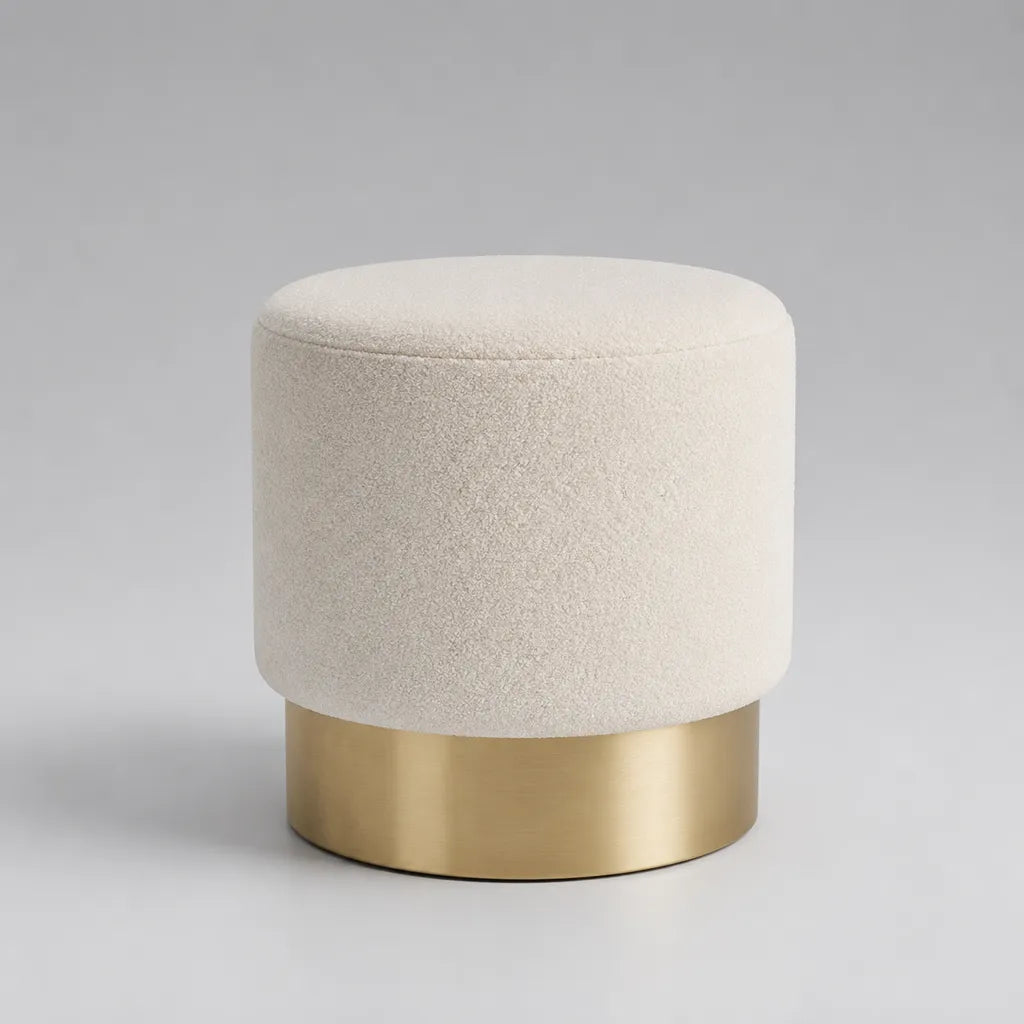 Tabouret d’appoint rond rembourré en polyester bouclé et acier inoxydable, blanc cassé et doré, Ø 40 × H 45 cm