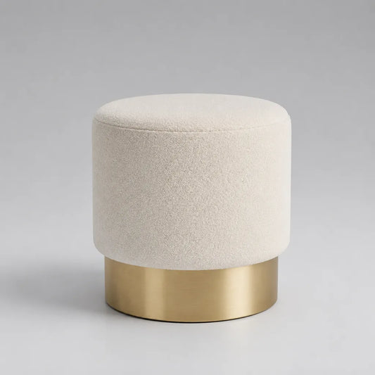 Tabouret d’appoint rond rembourré en polyester bouclé et acier inoxydable, blanc cassé et doré, Ø 40 × H 45 cm