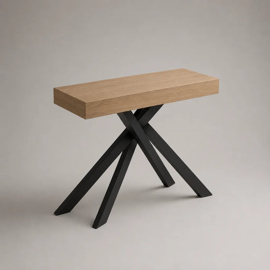 Table console rectangulaire en bois et acier noir, 100 × 35 × 80 cm, chêne naturel et noir