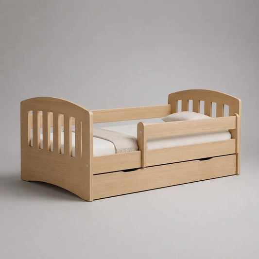 Lit enfant en MDF avec tiroir et barrières de sécurité, chêne naturel, couchage 70 × 140 cm, dimensions 145 × 76 × 72 cm