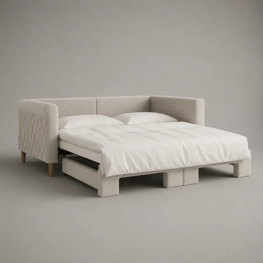 Canapé-lit convertible 2 places en tissu blanc cassé 190 × 95 × 85 cm, couchage 140 × 190 cm