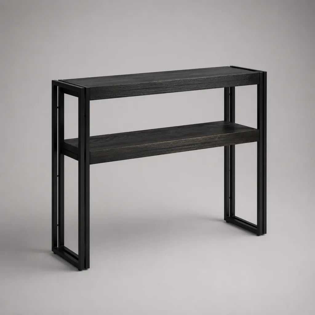 Table console d’entrée rectangulaire noire à 2 niveaux en panneau MDF et acier, 100 × 30 × 80 cm