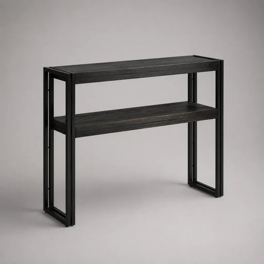 Table console d’entrée rectangulaire noire à 2 niveaux en panneau MDF et acier, 100 × 30 × 80 cm