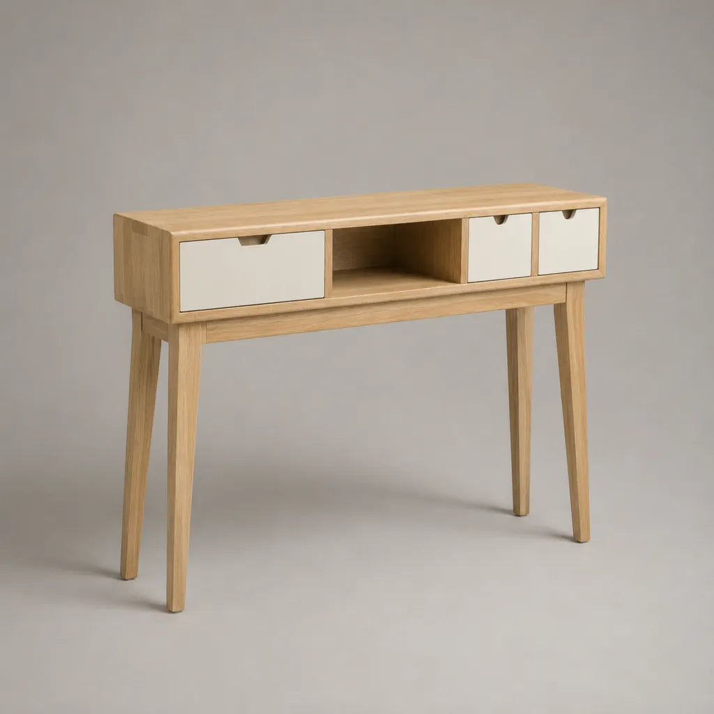 Console d’entrée rectangulaire en MDF plaqué chêne naturel, 3 tiroirs blanc cassé et niche ouverte, 110 × 35 × 90 cm