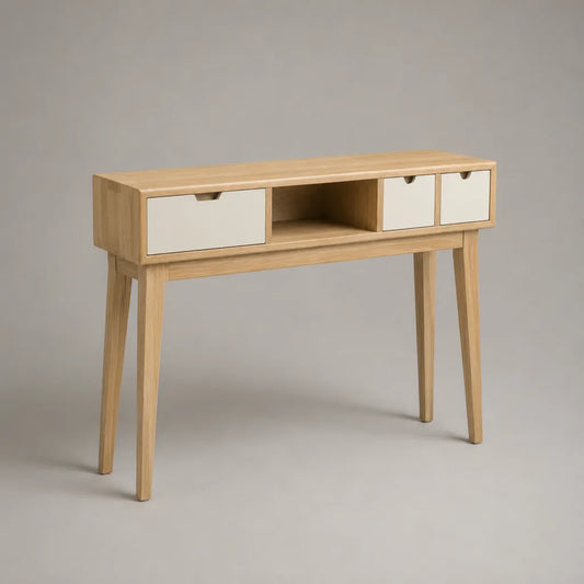 Console d’entrée rectangulaire en MDF plaqué chêne naturel, 3 tiroirs blanc cassé et niche ouverte, 110 × 35 × 90 cm