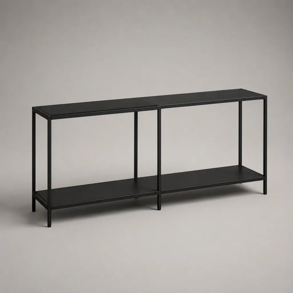 Lot de 2 consoles rectangulaires en acier noir mat avec étagère, 80 × 30 × 75 cm chacune, largeur totale 160 cm
