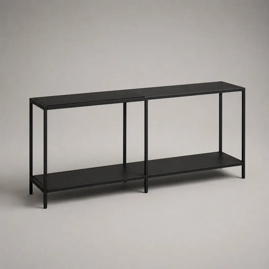 Lot de 2 consoles rectangulaires en acier noir mat avec étagère, 80 × 30 × 75 cm chacune, largeur totale 160 cm